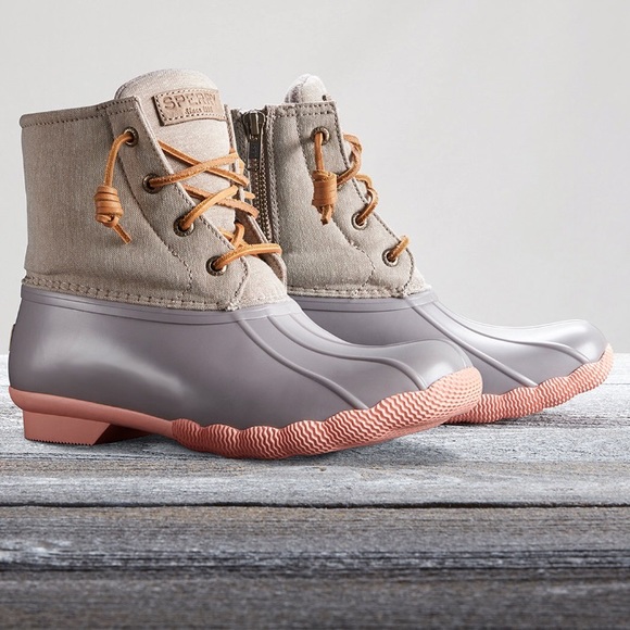 sperry saltwater duck boots taupe coral